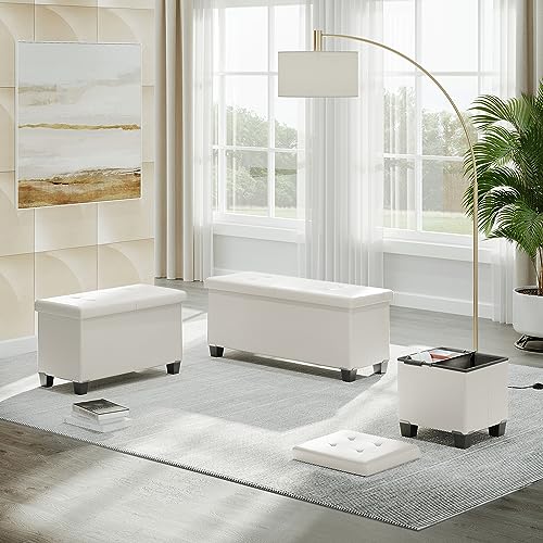 Storage Ottoman Cube with Storage Bin, 15-In Square Ottoman with Storage for Living Room and Bedroom, Small Ottoman Foot Rest, Foot Stools Ottoman, White Storage Chest Max 660lbs, Faux Leather Ottoman