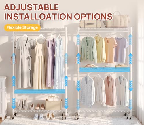 Heavy Duty Clothes Rack Load 350 LBS, Hanging Rods Clothes Rack, Black | Clothes Organizer Rack, Heavy-Duty Frame, Removable Rods, Side Hooks, Silent Casters, No Tools, Walk-In Closet, Small Space - color: WHITE, size: 45IN