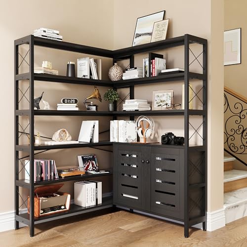 Wildhome 6-Shelf Corner Bookshelf, Vintage Industrial Corner Shelf Etagere Bookcase, Large Book Shelf with Metal Frame Open Storage Corner Cabinet (Black-Lockers, Large) - color: Black, size: Large With Storage Cabinet