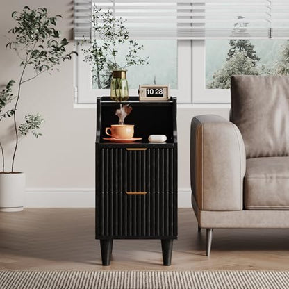 Fluted Nightstands Set of 2,Narrow Bedside Table with 2 Drawers & Storage, Farmhouse Walnut End Table Modern Side Table for Bedroom Livingroom Sofa Office, Small Space - color: Black,11.8" With 2 Drawers