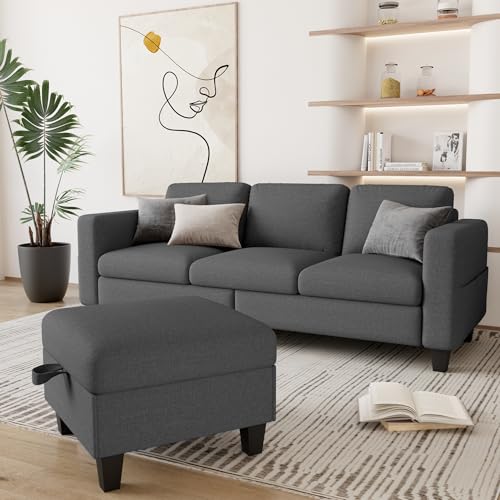 Couches for Living Room 3 Seats L Shaped Sofa with Storage Movable Ottoman | 78"Modern Linen Grey Couch 3 Seater Sofas with Chaise for Studio Apartment Office Basement Small Space, Easy Assembly - color: Dark Grey