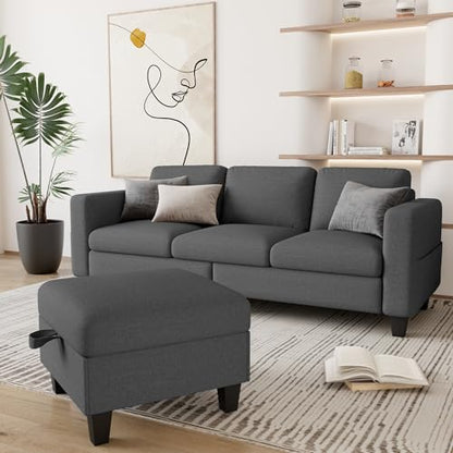 Couches for Living Room 3 Seats L Shaped Sofa with Storage Movable Ottoman | 78"Modern Linen Grey Couch 3 Seater Sofas with Chaise for Studio Apartment Office Basement Small Space, Easy Assembly - color: Dark Grey