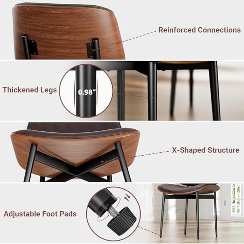 YaFiti Mid Century Dining Chairs Set of 2 with Walnut Bentwood, Brown | Ergonomic Walnut Backrest, Upholstered Waterproof PU Leather Seat, Stable Metal Legs, Adjustable Footpads, Apartment Friendly - color: Brown Scallop