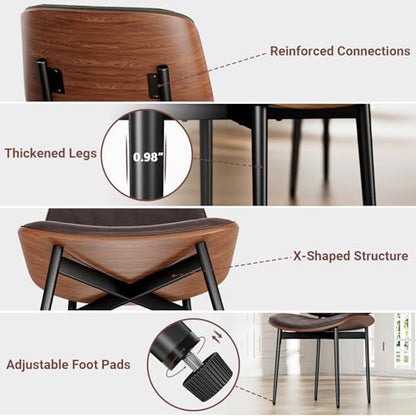 YaFiti Mid Century Dining Chairs Set of 2 with Walnut Bentwood, Brown | Ergonomic Walnut Backrest, Upholstered Waterproof PU Leather Seat, Stable Metal Legs, Adjustable Footpads, Apartment Friendly - color: Brown Scallop