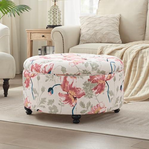 HUIMO 30-Inch Round Storage Ottoman, Button Tufted Coffee Table(Red Flower) | Ottoman Coffee Table with Removable Top, Upholstered Ottoman with Storage, Footrest Stool for Living Room, Bedroom and Office - color: Red Flower