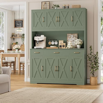 HOSTACK 71" Tall Kitchen Pantry Storage Cabinet, 55" W Kitchen Hutch, Green | Large Pantry Cabinet with Charging Station / Countertop / 3 Drawers, Farmhouse Hutch Cabinet with Storage for Dining Room - color: Green