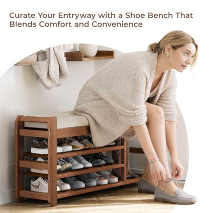 39.4" Bamboo Shoe Bench with Cushion, 6 Hooks Coat Rack, 3-Tier Adjustable Storage Bench for Entryway, Heavy Duty Shoe Rack Organizer with Removable Soft Cushion for Living Room Bedroom Hallway - size: 39.4"