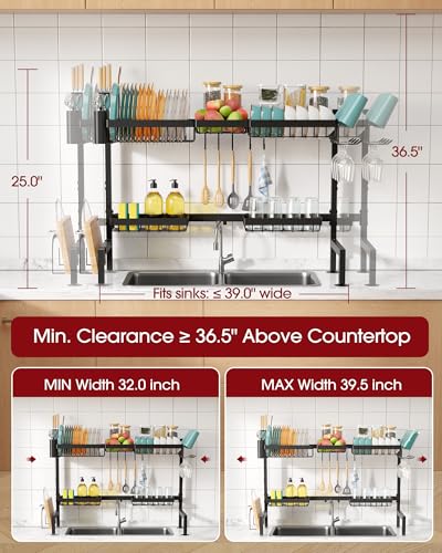 Sakugi Over The Sink 접시 건조대 - 조절 가능한 2단 XL 용량 스테인리스 스틸 배수구, 커틀러리 및 식기 홀더 포함, 주방 보관 및 정리, 길이 81.3cm(32-39인치) x 너비 30.5cm(12인치) x 높이 63.5cm(25인치), 블랙 - color: 블랙., size: Max - 5 Baskets