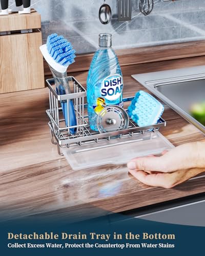Consumest Sink Caddy, Kitchen Sponge Holder with Dish Brush Holder, Kitchen Organizer with Drip Tray for Countertop, Stainless Steel Rustproof - Silver - color: A-silver