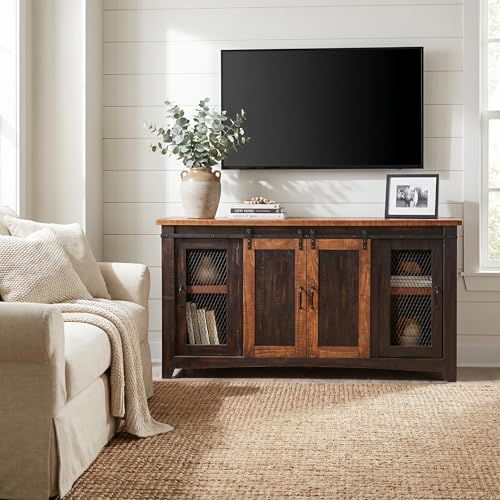 Martin Svensson Home Rustic 65" Wood Entertainment Center, Black and Honey | Solid Pine, TV Stand, Sliding Doors, Adjustable Shelves & Cable Management, for TVs up to 70" - color: Antique Black and Aged Distressed Pine