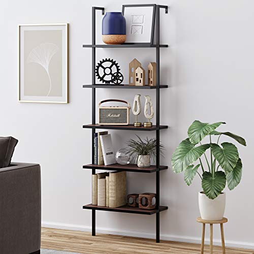 Nathan James Theo 5-Shelf Wood Modern Bookcase, Open Wall Mount Ladder Bookshelf with Industrial Metal Frame, Brown Walnut/Black - color: Theo Brown Walnut/Black, size: Set of 1