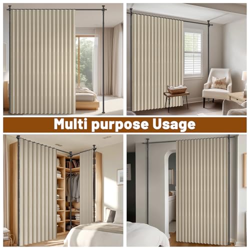 100% Blackout Room Divider Curtains Sets Beige W100 x L96 in,1 Panel Curtain Rods No Drilling Adjustable Tension (H) 43-120×(W) 35-100 in for Sound Dampening Privacy Partition - color: Beige, size: 100"W x 96"L (Pack of 1)