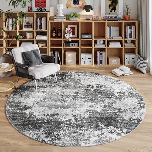 Round Area Rugs 4ft Washable Grey Circle Rug for Entryway Kitchen, Non Slip Soft Low Pile Stain Resistant, Boho Circular Carpet for Living Room Bedroom Dorm Dining Room Table, Abstract Gray - color: Grey, size: 4' (Round)