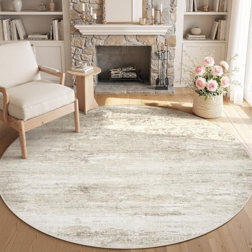 Washable Round Rug 4ft for Bedroom: Circle Neutral Soft Rug Abstract Non Slip Low Pile Modern Area Rugs for Living Room Nursery Office Dining Kids Boys Girls Room Farmhouse Dorm (Beige, 4' Round) - color: Beige, size: 4' (Round)