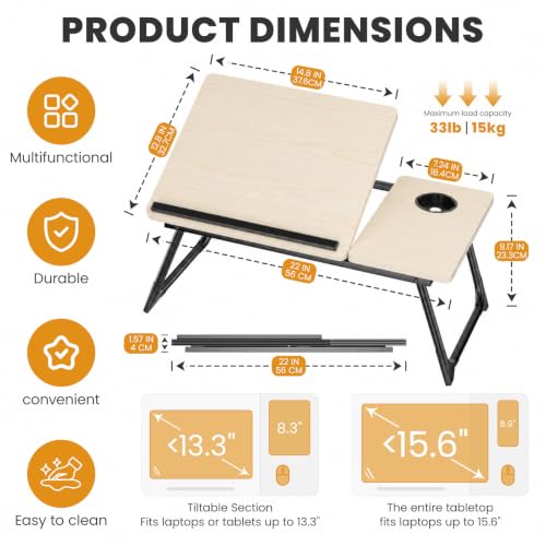 Laptop Bed Desk, 5-Angle Adjustable Bed Laptop Table with Cup Holder | Foldable Laptop Stand for Couch & Sofa, Portable Laptop Tray for Adults Writing Reading Eating, Beige - color: Beige
