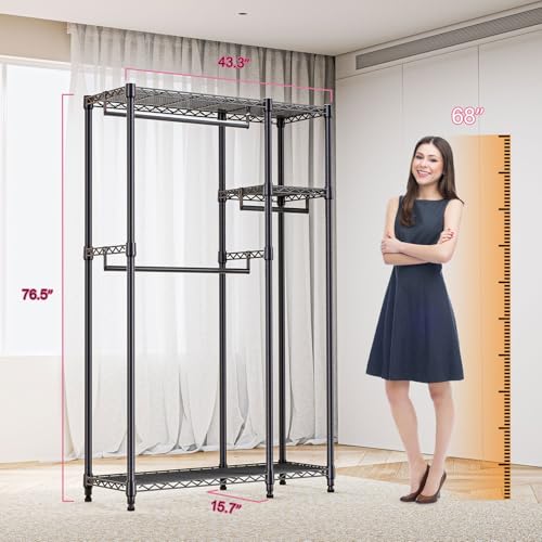 M MZG Heavy Duty Rolling Garment Rack 3 Tiers Adjustable Wire Shelving Clothes Rack with 3 Rods and Side Hooks,Storage Closet Clothing Rack Black 15.7" D x 43.3" W x 76.5" H - color: Black, size: 2 composition 15.7"D x 43.3"W x 76.5"H