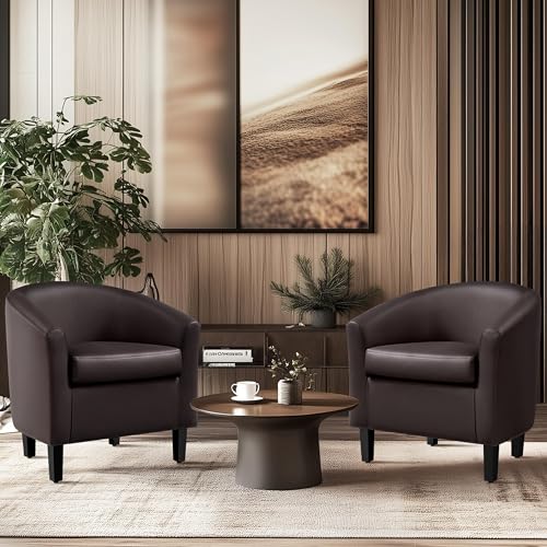 Yaheetech Accent Chairs Set of 2, Faux Leather Barrel Armchairs Espresso | Water-resistant Faux Leather Chairs with High-density Foam and Solid Wood Legs for Living Room, Waiting Room, Small Space - color: Espresso(faux Leather), style: without Ottoman