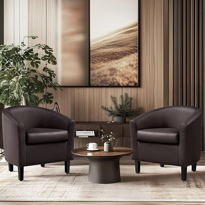 Yaheetech Accent Chairs Set of 2, Faux Leather Barrel Armchairs Espresso | Water-resistant Faux Leather Chairs with High-density Foam and Solid Wood Legs for Living Room, Waiting Room, Small Space - color: Espresso(faux Leather), style: without Ottoman