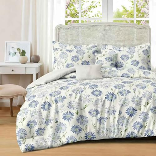 Nanko White And Blue Floral Duvet Cover Set Queen Size, Dandelion Flower Green Leaf Print Pattern, Soft Microfiber Comforter Bedding Cover with Zip Ties - Spring Farmhouse for Women Men, 3 Pcs 90 x 90 - color: Blue White Floral, size: Queen
