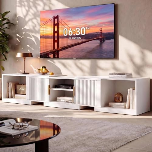IRONCK TV Stand for 55-80 Inches TVs, 63"-84.6" Adjustable Length, Extendable Corner Entertainment Center with Storage Cabinets, Fluted Doors Modern Media Console, Ideal for Living Room, White