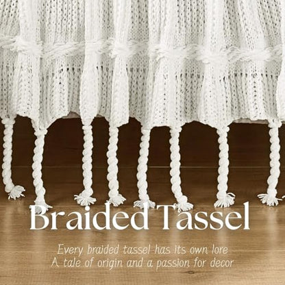 Boho Knitted Chenille Blanket with Tassels - Lightweight & Soft All-Season Throw - 3D Classic Pattern for Living Room Bedroom Couch, Cloud White, Throw 50"x60" - color: Cloud White, size: Throw