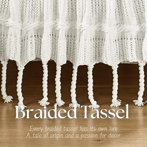 Boho Knitted Chenille Blanket with Tassels - Lightweight & Soft All-Season Throw - 3D Classic Pattern for Living Room Bedroom Couch, Cloud White, King 90"x108" - color: Cloud White, size: King