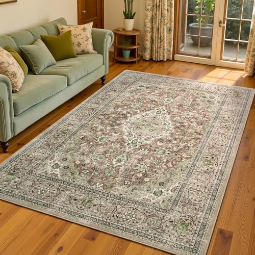 5x7 Green Washable Boho Area Rug for Bedroom, Vintage Floral Non Slip Living Room Rugs, Soft Low Pile Indoor Mat, Aesthetic Pattern Carpet for Kitchen and Dining Room - color: Green, size: 5' x 7' (Rectangular)