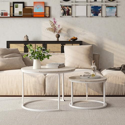HOJINLINERO Round Coffee Table,Nesting Coffee Table Set of 2,Center Tables for Living Room,Office, Home Small Space,Stacking Side Tables,Sturdy and Easy Assembly,Wood Desktop,Oak+White,Large - color: Wh-oak, size: Large