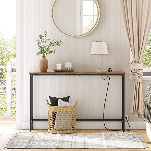 HOOBRO 47.2" Console Table with Power Outlets and USB Ports, Sofa Narrow Entryway Table with Charging Station, Behind Couch Table, Hallway, Foyer, Living Room, Bedroom, Rustic Brown BF301XG01G1