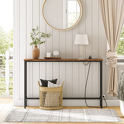 HOOBRO 47.2" Console Table with Power Outlets and USB Ports, Sofa Narrow Entryway Table with Charging Station, Behind Couch Table, Hallway, Foyer, Living Room, Bedroom, Rustic Brown BF301XG01G1