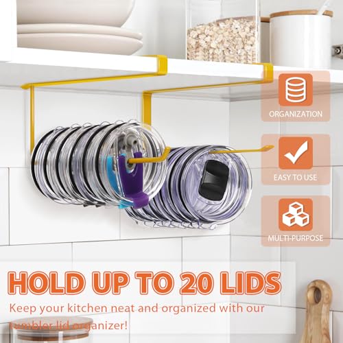 2 Pack Tumbler Lid Organizer, Versatile Storage Holds 20 Lids, Round&Flat | Space Saving Cup Lid Organizers Inside Cabinet Tumbler Lid Hook for Pantry Kitchen Organizer, Paper Towel Rack Hanger, Gold - color: Gold, size: 2 Pack(Round&Flat)