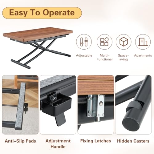 Liftable Folding Dining Table for 4, Adjustable Drop Leaf Table, Folding Coffee Table for Small Spaces, Scratch-Resistant Wood Top with Metal Frame for Apartment Kitchen Living Room - color: Walnut-black