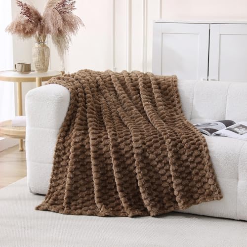 Brown Fleece Throw Blanket 50”×60” for Couch Sofa Bed | Super Soft Cozy Plush Microfiber Flannel Blanket with 3D Jacquard Decorative Lightweight for Mom Woman - color: Brown, size: 50×60inch