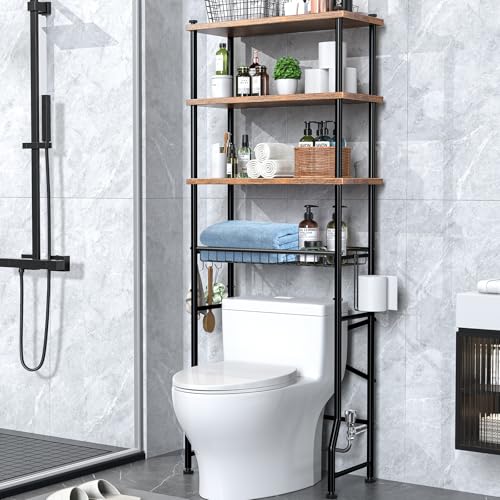 Over-The-Toilet Storage Shelves, 4-Tier Bathroom Organizer Shelf Over Toilet with Adjustable Feet Pad and Basket, Freestanding Space Saver Bathroom Storage Rack Above Toilet (Vintage Brown) - color: Brown
