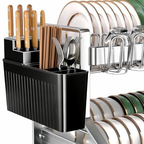 Fandian Dish Drying Rack 2 Tier Dish Racks for Kitchen Counter and Sink, Large Dish Drying Rack with Drainboard & Utensil Holders Stainless Steel Dish Drainers Kitchen Organization and Storage - color: White Dish Racks