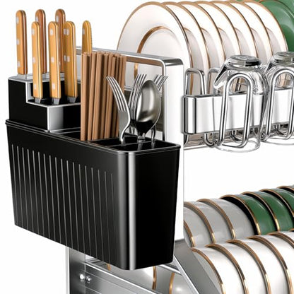Fandian Dish Drying Rack 2 Tier Dish Racks for Kitchen Counter and Sink, Large Dish Drying Rack with Drainboard & Utensil Holders Stainless Steel Dish Drainers Kitchen Organization and Storage - color: White Dish Racks