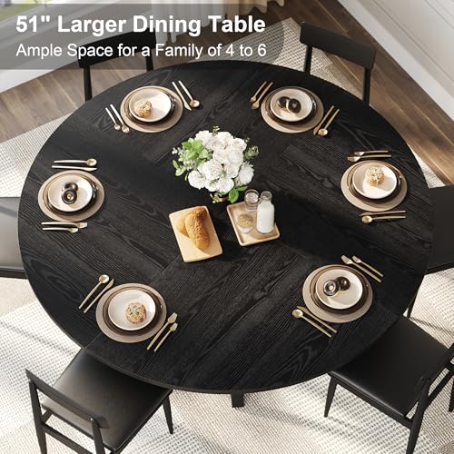 knoworld 51'' Round Dining Table, Kitchen Tables Dining Room Circle Dinner Table with Pedestal Metal Frame, Space Saving Wood Industrial Kitchen & Dining Room Tables, Black 51In - color: Black, size: 51In
