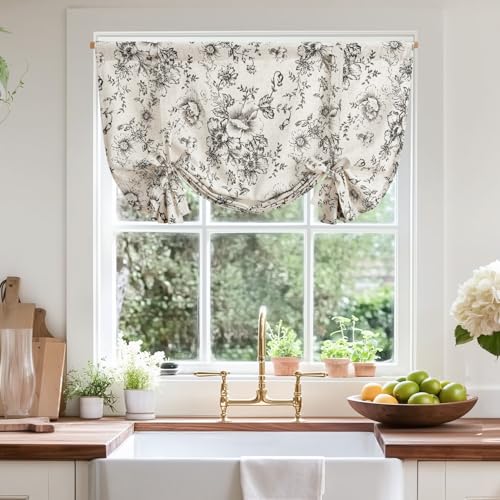 jinchan Alice Linen Kitchen Window Valance, Tie up, 42x54, 1 Panel, Black | Light filtering, linen blend, rod pocket, farmhouse style, rustic decor, kitchen, bathroom, laundry room, RV, small windows - color: Alice | Black on Linen, size: 42"W x 54"L (Pac
