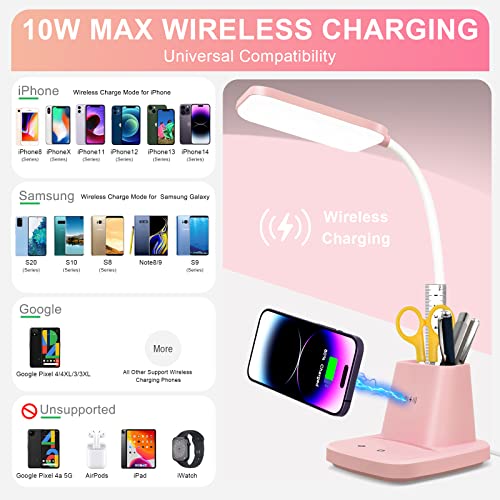 LED Desk Lamp with 10W Wireless Charging & Pen Holder, Pink | CRI 95, 800LM, Stepless Dimming, 3 Modes, 360°Flexible Arm, Touch, Study Table Lamp for Home Office, Dorm Room, with Adapter - color: Pink