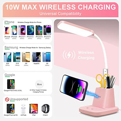 LED Desk Lamp with 10W Wireless Charging & Pen Holder, Pink | CRI 95, 800LM, Stepless Dimming, 3 Modes, 360°Flexible Arm, Touch, Study Table Lamp for Home Office, Dorm Room, with Adapter - color: Pink