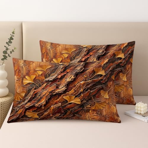 Ginkgo Leaves Throw Pillow Covers Set of 2, Natural Rustic Bark Texture Wood Grain Fall Brown Soft Velvet Washable Couch Pillow Covers for Living Room Apartment Bed Sofa Decor 20x12 Inch - size: 20" x 12" (Pack of 2)