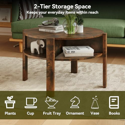 GIANTEX Round Coffee Table, Mid Century Modern Center Table (Rustic Brown) | 2-Tier Storage Shelves & 4 Side Compartments, Wood Coffee Table for Living Room, Small Spaces - color: Rustic Brown