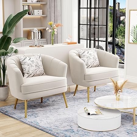 Velvet Accent Chair Set of 2, Barrel Armchair, Beige | Velvet Upholstery, Golden Metal Legs, Comfy Barrel Back, Modern Style, Living Room Bedroom Office - color: Beige, size: 2 Chairs