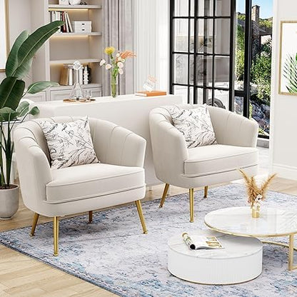 Velvet Accent Chair Set of 2, Barrel Armchair, Beige | Velvet Upholstery, Golden Metal Legs, Comfy Barrel Back, Modern Style, Living Room Bedroom Office - color: Beige, size: 2 Chairs