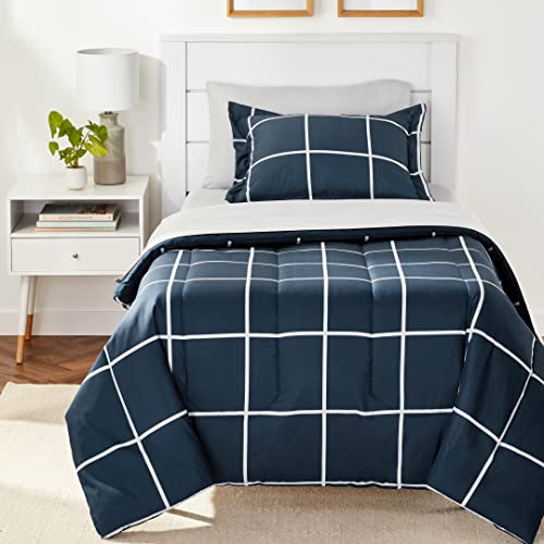 Amazon Basics 5-Piece Lightweight Microfiber Comforter Set with Sheets, Bed-in-a-Bag, Navy with Grey Plaid Bedding, Twin/Twin XL - color: Navy and Grey Plaid, size: Twin/Twin XL, style: 1-Pack