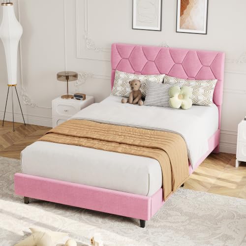 GAOMON Pink Twin Bed Frame with Upholstered Headboard, Heavy-Duty Platform Bed Frame with Strong Wood Slats, No Box Spring Needed/Noise Free/Easy Assembly | Heavy-Duty Bed Frame with Wooden Slats Support Upholstered Mattress Foundation No Box Spring Neede