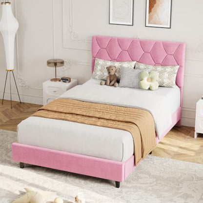 GAOMON Pink Twin Bed Frame with Upholstered Headboard, Heavy-Duty Platform Bed Frame with Strong Wood Slats, No Box Spring Needed/Noise Free/Easy Assembly | Heavy-Duty Bed Frame with Wooden Slats Support Upholstered Mattress Foundation No Box Spring Neede