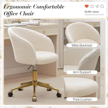 Faux Fur Makeup Vanity Chair,Home Office Desk Chair with Wheels, Blue | Fluffy Swivel Modern Armchair Upholstered Fuzzy Height Adjustable for Teens Women Girls Elegant for Living Room Bedroom - color: Round White+golden Base