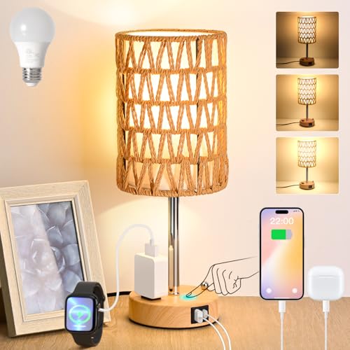 Rattan Table Lamps for Living Room, 3 Way Dimmable Touch Lamps, Small Bedside Lamps with LED Bulbs, Phone Stand, USB Ports and AC Outlet, Boho Nightstand Lamp for Bedroom Office (1 Pack Faux Wood) - size: 1 Pack Faux Wood