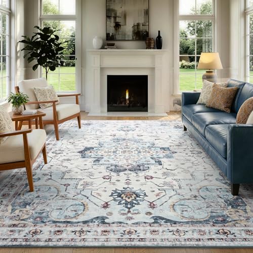 Area Rugs 5x8 Washable Vintage Rug for Bedroom Living Room Home Decor Blue | Soft Low-Pile Stain Resistant Carpet With Non Slip Backing for Indoor Entryway Nursery Dining Room,Thin,Foldable,Home Decor - color: 25f01-blue, size: 5' x 8' (Rectangular)